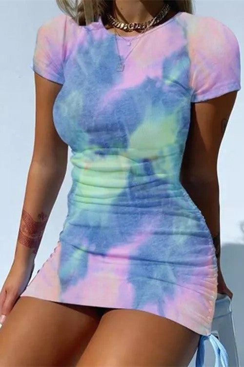 Tie Dye Print Drawstring Ruched Bodycon Dress
