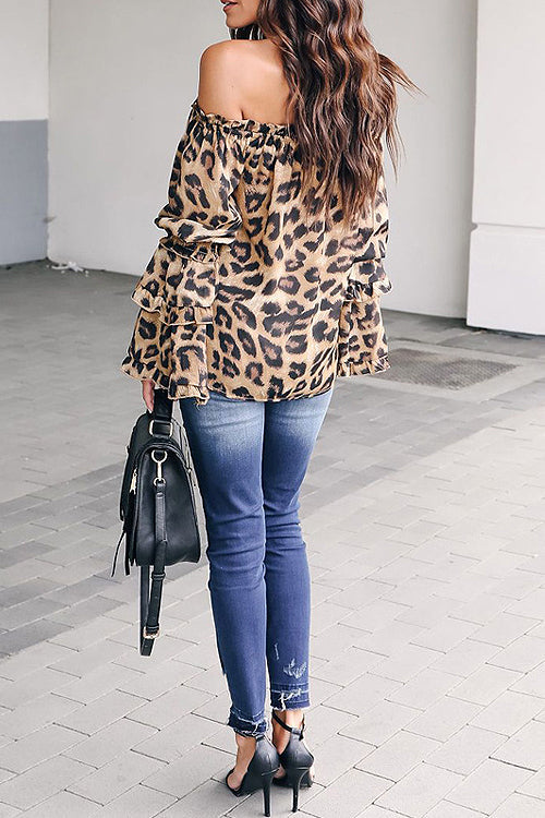 Wildlife Leopard Print Off Shoulder Ruffle Top