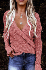 WAFFLE KNIT WRAP SWEATER - PINK