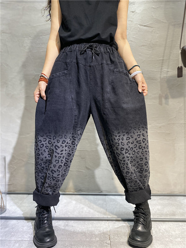 Vintage Elastic Waist Lace-Up Denim Harem Pants