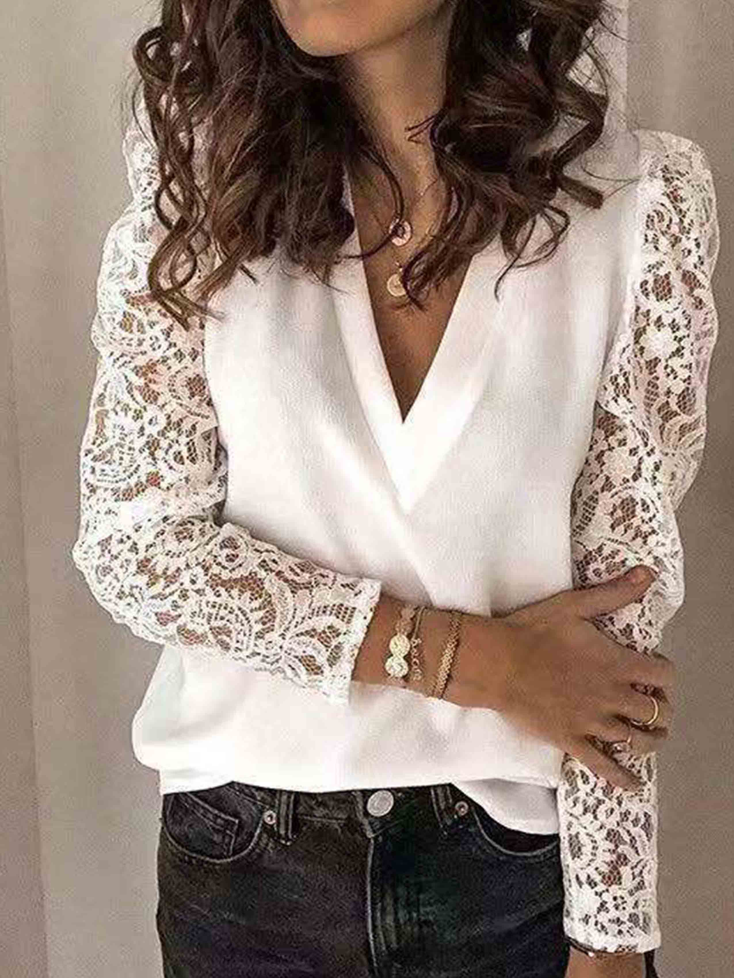 Linyona Solid Color Lace Blouse