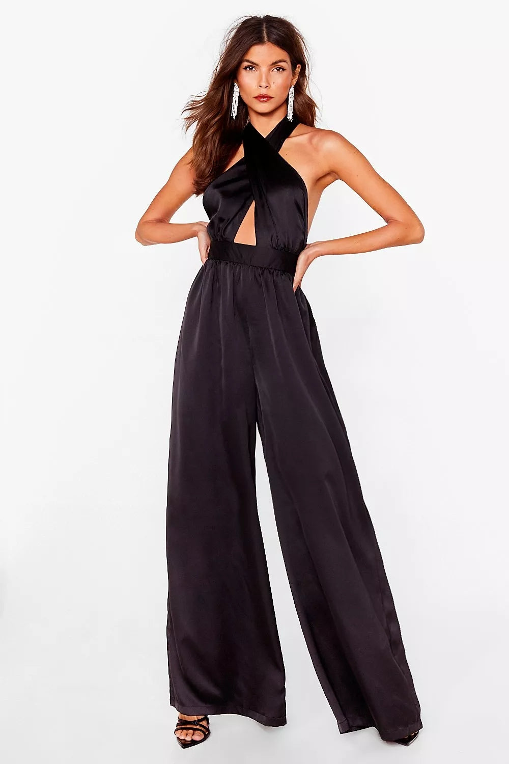 Satin Halter Neck Cut Out Wide Leg Jumpsuit
