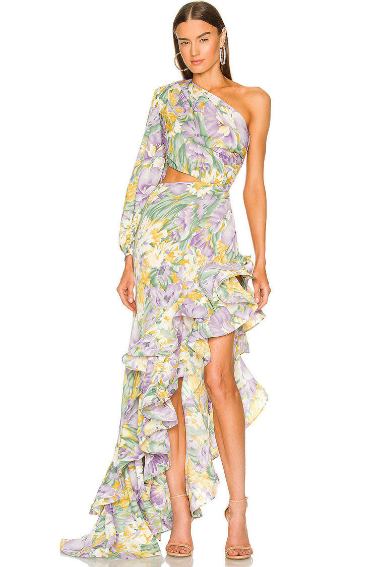 Asymmetric Ruffle Floral Printed One Shoulder Evening Dress - Lilac