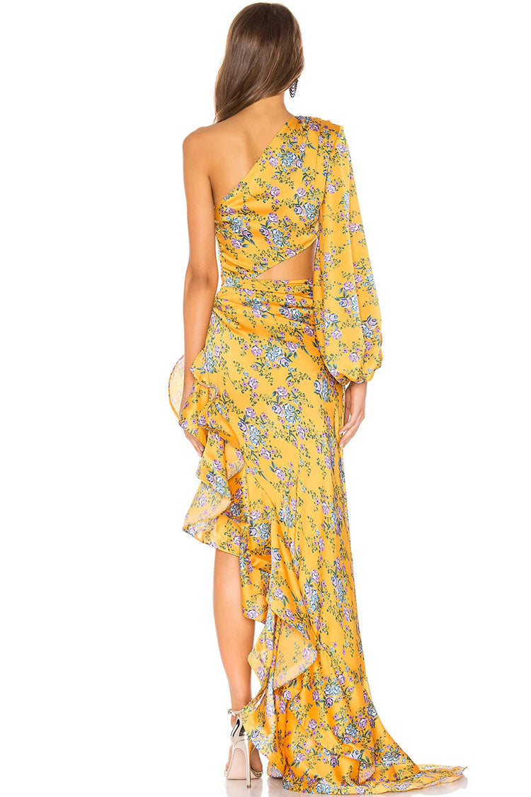 Asymmetric Ruffle Floral Printed One Shoulder Evening Dress - Yellow