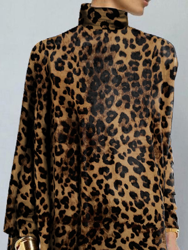 Long Sleeves Loose Leopard Printed High Neck T-Shirts