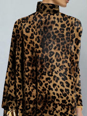 Long Sleeves Loose Leopard Printed High Neck T-Shirts