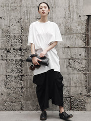 Minimalist Pure Color Asymmetric Pleated Short Sleeves Round-Neck T-Shirt