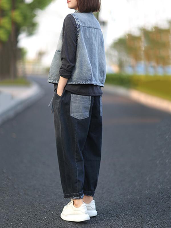 Vintage Stand Collar Sleeveless Jean Vest Coat