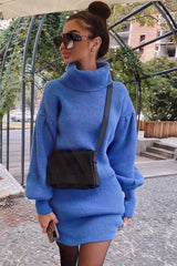 Bishop Sleeve Turtleneck Winter Sweater Mini Dress - Blue