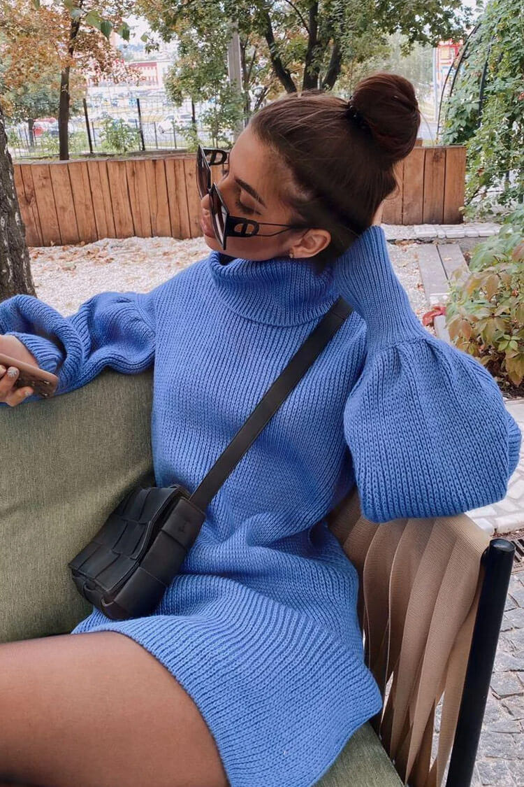 Bishop Sleeve Turtleneck Winter Sweater Mini Dress - Blue