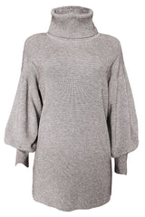 Bishop Sleeve Turtleneck Winter Sweater Mini Dress - Gray