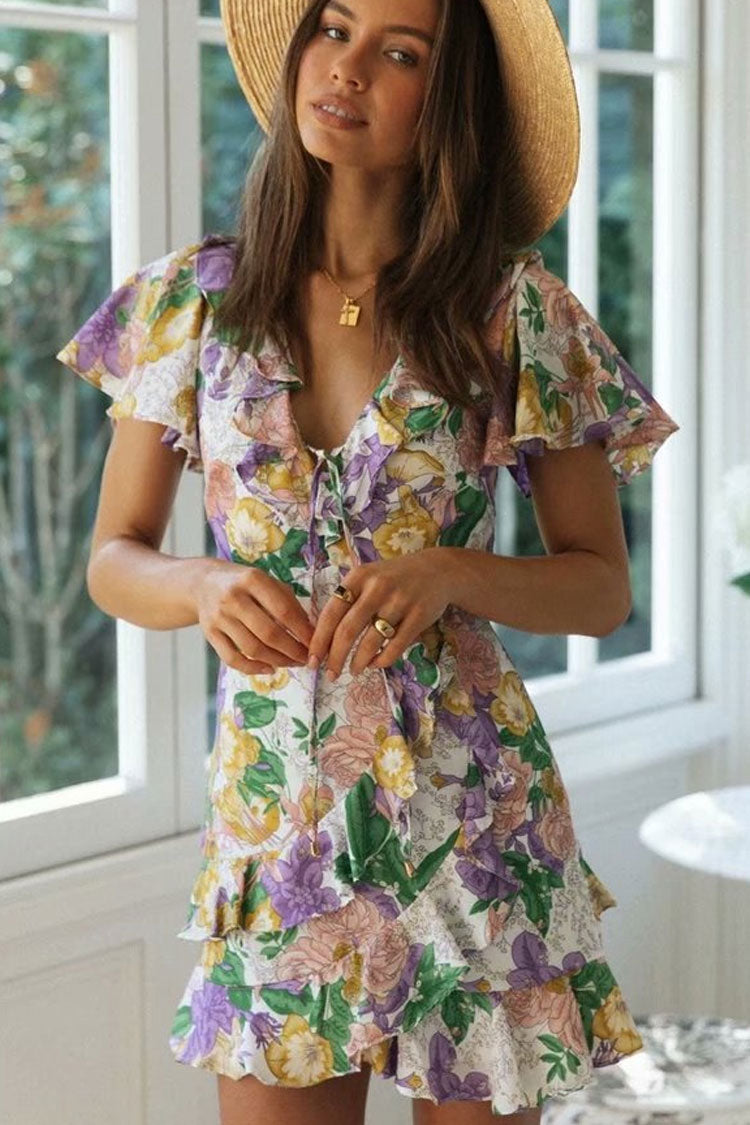Bloom Floral Cap Sleeve Tiered Ruffle Mini Beach Vacation Dress - Multicolor