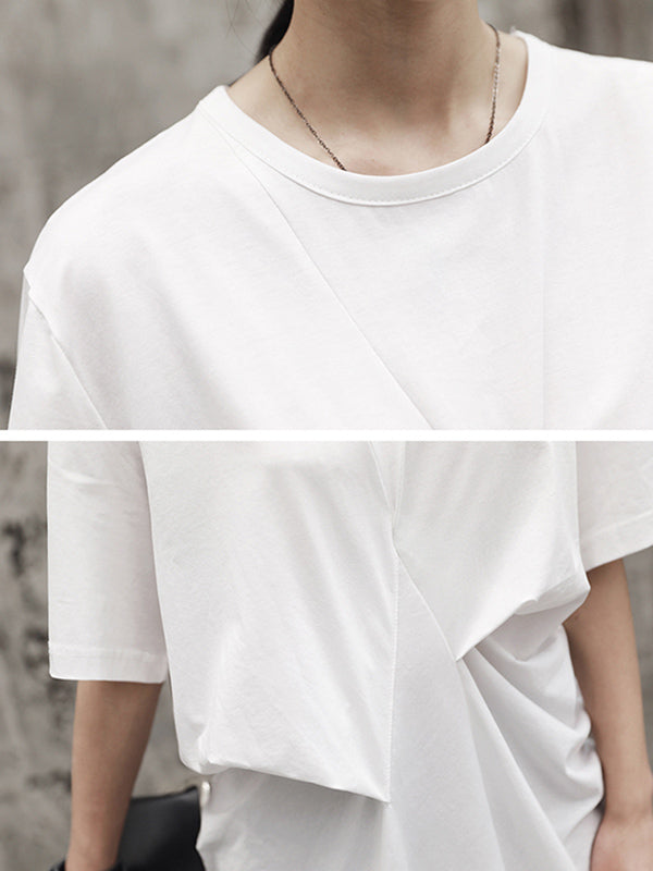 Minimalist Pure Color Asymmetric Pleated Short Sleeves Round-Neck T-Shirt