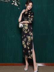 Mulberry Silk Black Floral Split-side Stand-collar Long Cheongsam