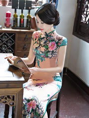 Pink Peony-print Split-side Long Cheongsam