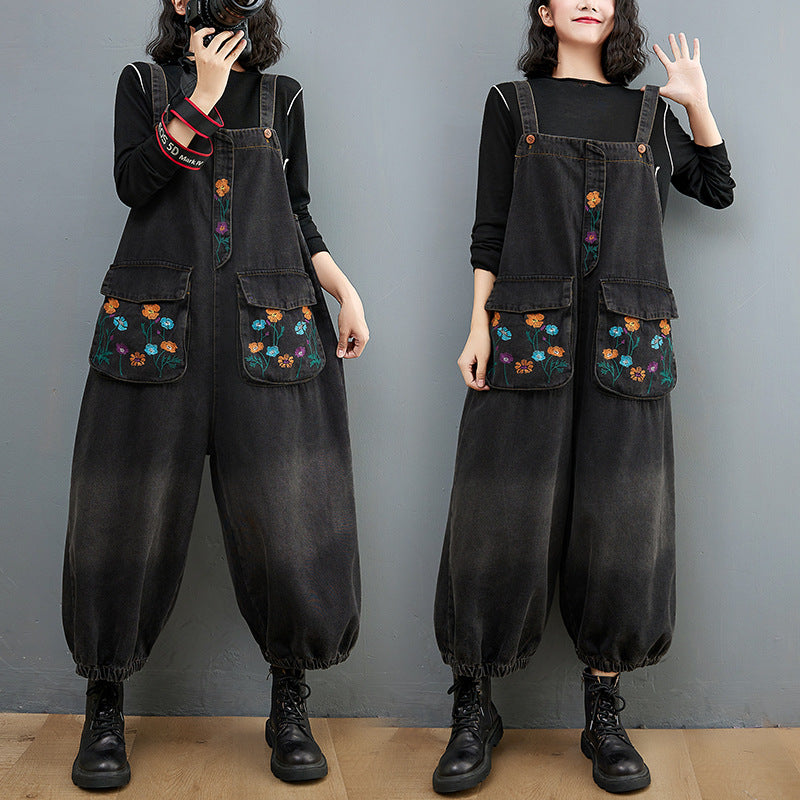 Vintage Embroidered Printed Denim Jumpsuit