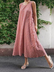 Sleeveless Plaid Loose Plus Size Midi Dresses