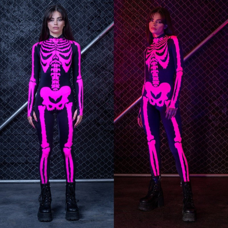 Sexy Glow In The Dark Green and Pink Skeleton Halloween Costume Women