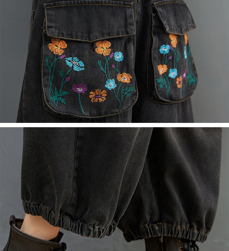 Vintage Embroidered Printed Denim Jumpsuit