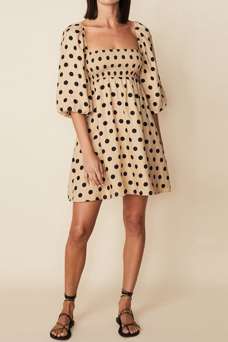 Dotted Puff Sleeve Square Neck Summer Mini Dress - Coffee