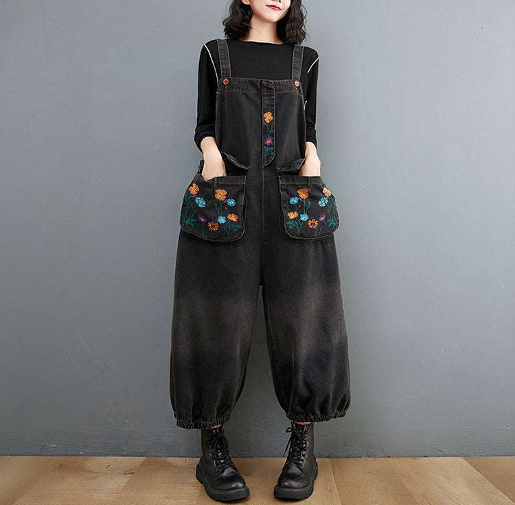 Vintage Embroidered Printed Denim Jumpsuit