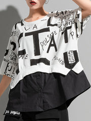 Letter Print Stitching Loose Casual T-Shirt