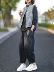 Vintage Stand Collar Sleeveless Jean Vest Coat