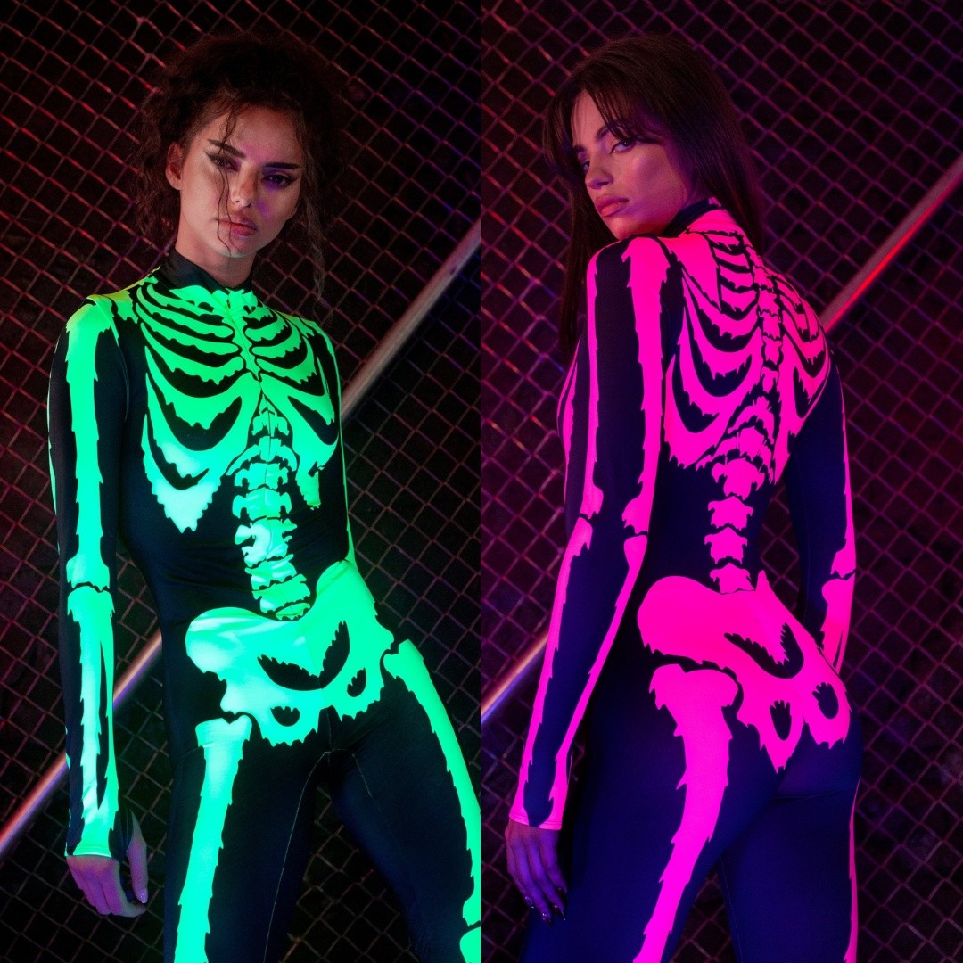 Sexy Glow In The Dark Green and Pink Skeleton Halloween Costume Women