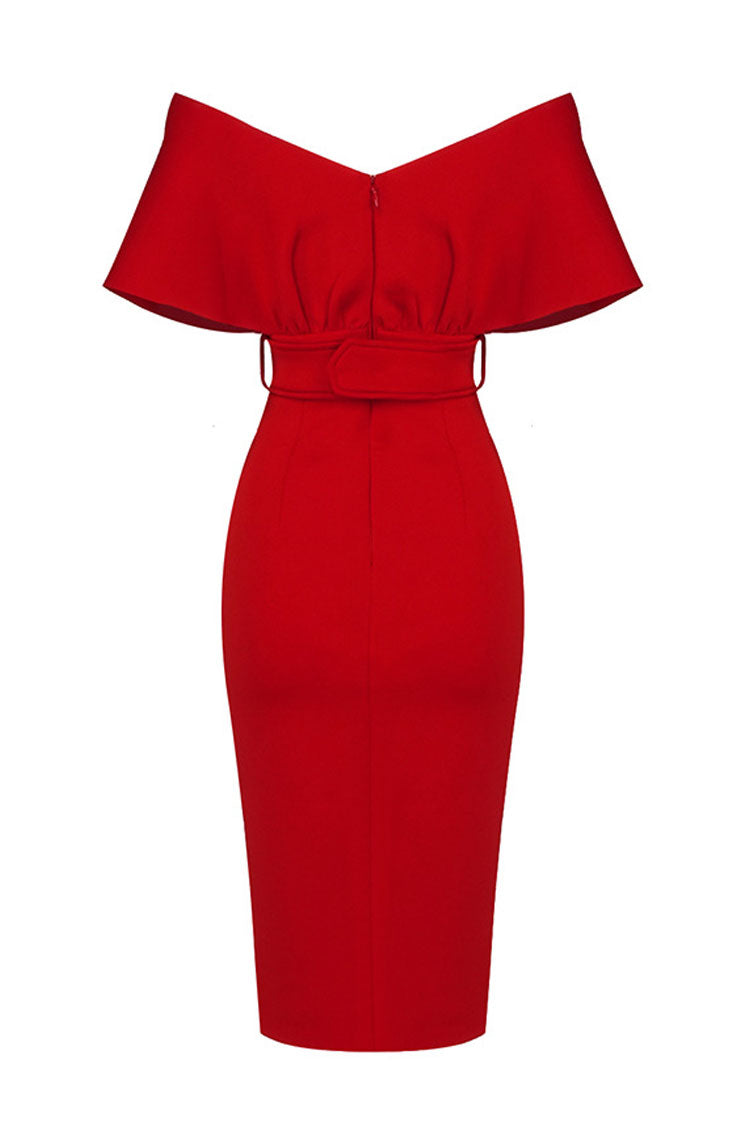 Elegant Belted Off The Shoulder V Neck Cocktail Midi Dress - Red