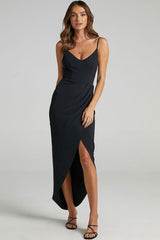 Elegant Spaghetti Strap Deep V Cocktail Party Midi Dress - Black