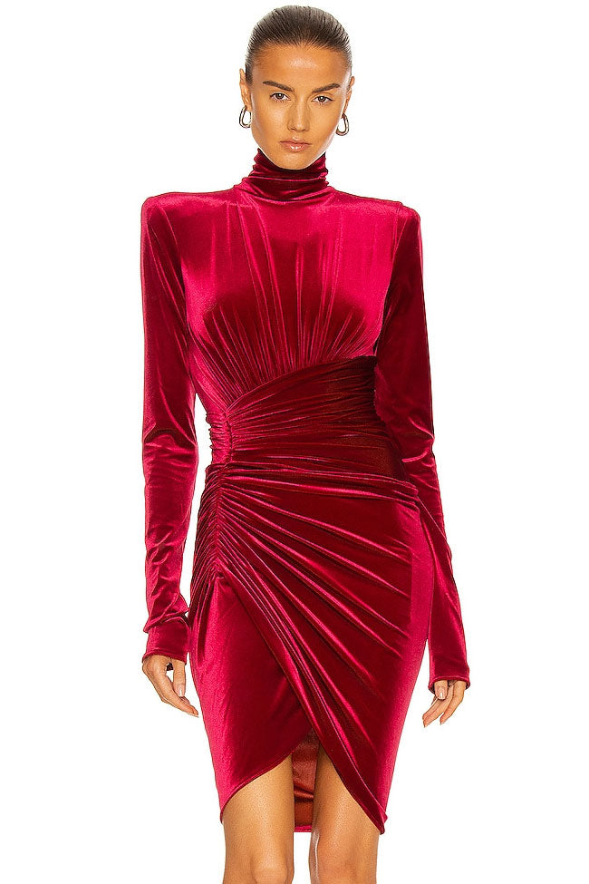 Elegant Turtleneck Long Sleeve Ruched Velvet Cocktail Party Dress - Hot Pink