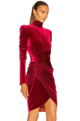 Elegant Turtleneck Long Sleeve Ruched Velvet Cocktail Party Dress - Hot Pink
