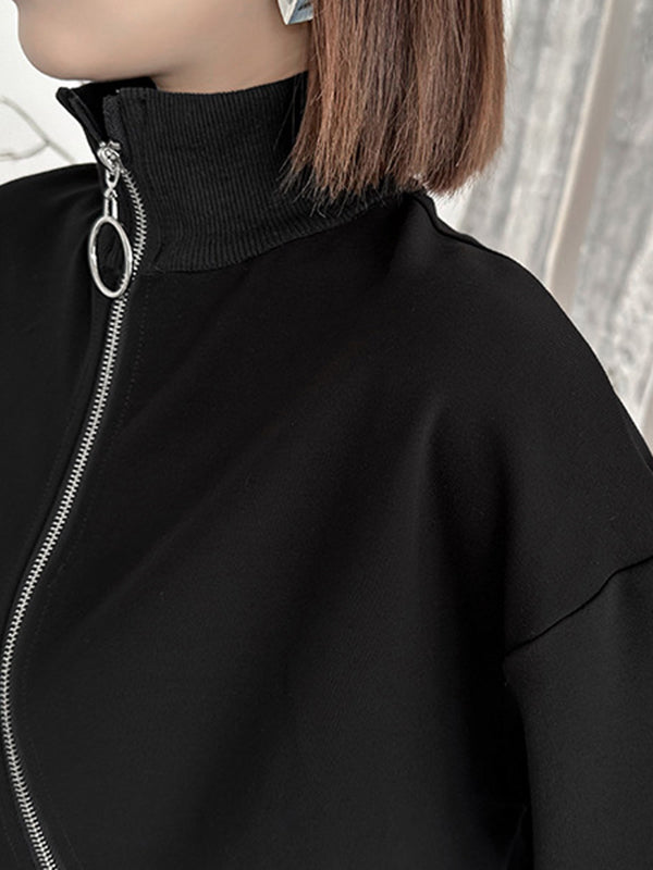 Irregular Clipping Long Sleeves Asymmetric Zipper High-Neck Jackets Outerwear