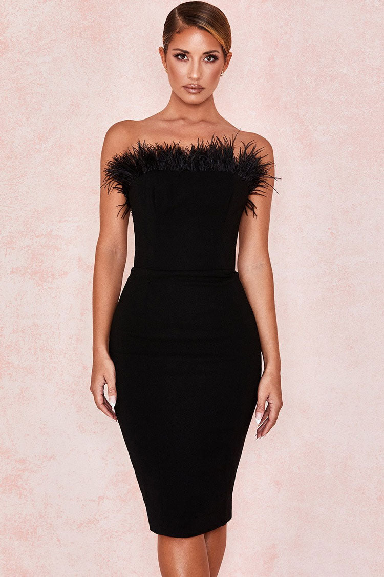 Feathered Strapless Bandage Cocktail Party Midi Dress - Black