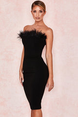 Feathered Strapless Bandage Cocktail Party Midi Dress - Black