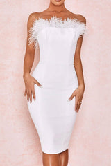 Feathered Strapless Bandage Cocktail Party Midi Dress - White