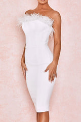 Feathered Strapless Bandage Cocktail Party Midi Dress - White