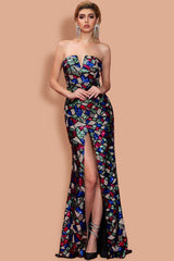 Festive Sequin Slit Front Strapless Mermaid Maxi Evening Dress - Multicolor