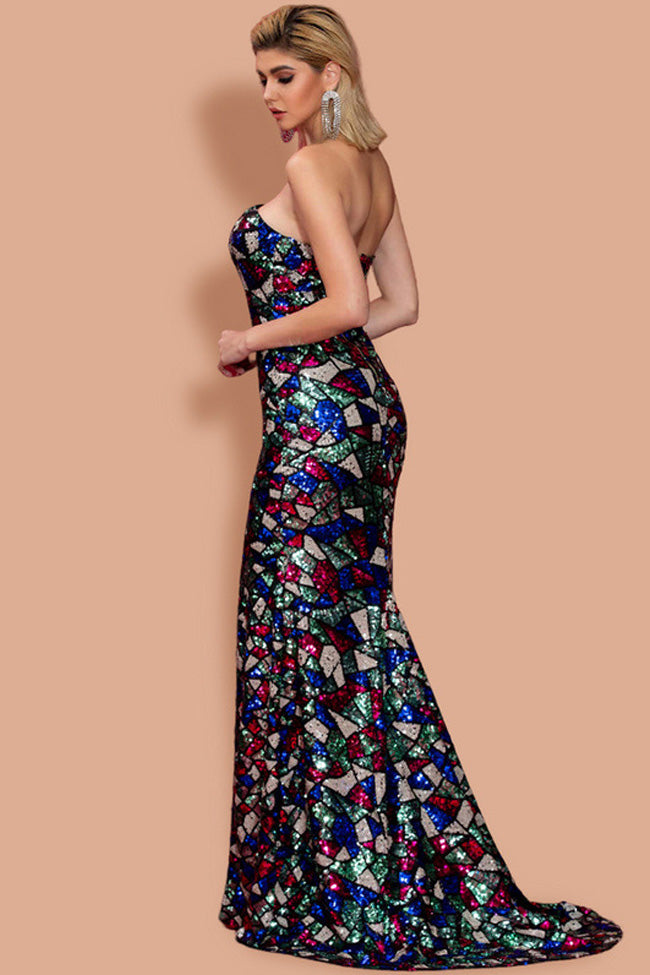Festive Sequin Slit Front Strapless Mermaid Maxi Evening Dress - Multicolor