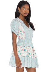 Flirty Floral Printed V Neck Ruffle Tiered Summer Mini Dress - Blue