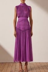 Floaty High Neck Sleeveless Ruched Chiffon Maxi Dress - Purple