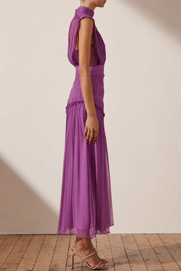 Floaty High Neck Sleeveless Ruched Chiffon Maxi Dress - Purple