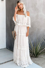 Floral Embroidered Off Shoulder Lace Maxi Beach Vacation Dress - White