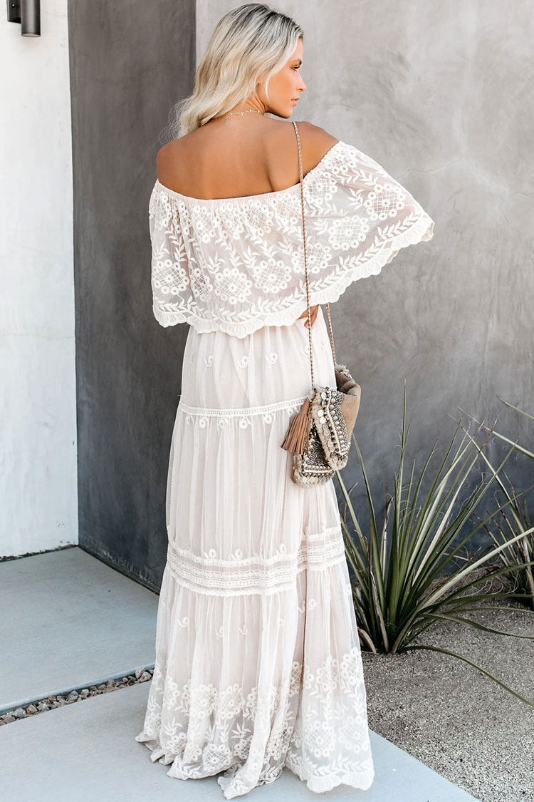 Floral Embroidered Off Shoulder Lace Maxi Beach Vacation Dress - White