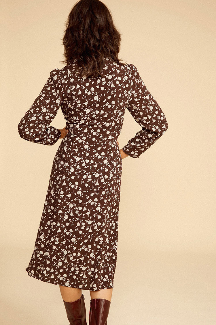 Floral Print Long Sleeve Button Up French Midi Dress - Coffee