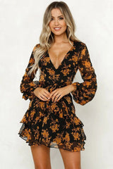 Floral Print Ruffle Bishop Sleeve V Neck Summer Mini Dress - Coffee