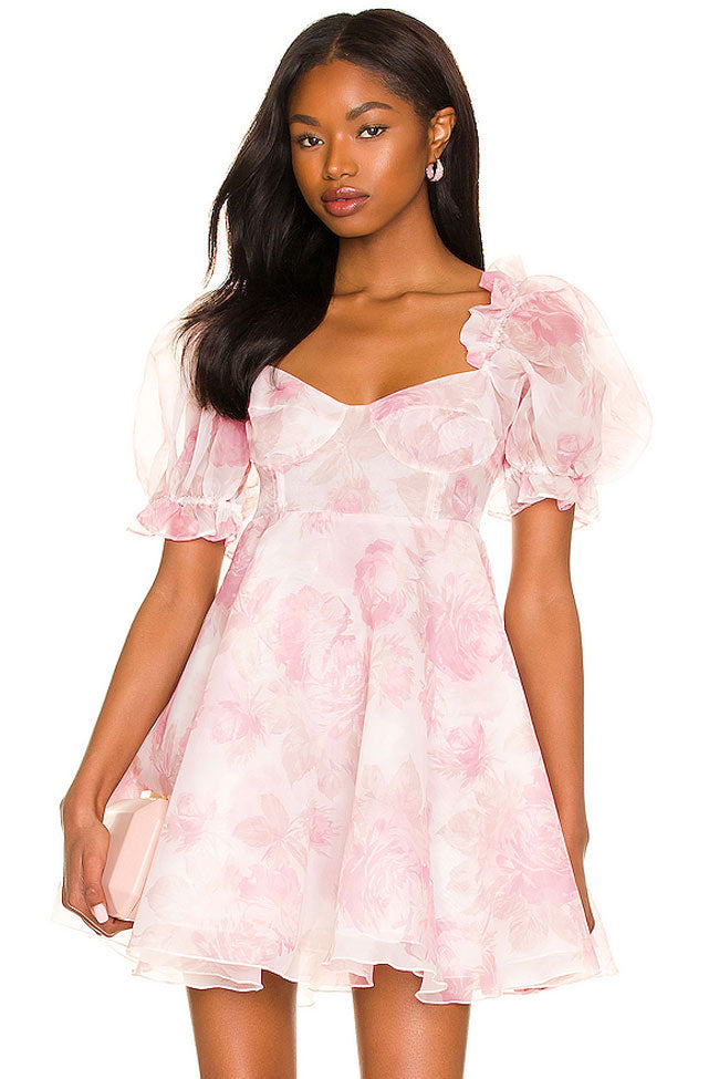 Floral Ruffle Puff Sleeve Organza Babydoll Mini Dress - Pink