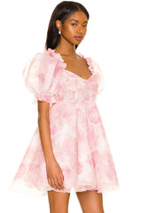 Floral Ruffle Puff Sleeve Organza Babydoll Mini Dress - Pink