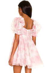 Floral Ruffle Puff Sleeve Organza Babydoll Mini Dress - Pink