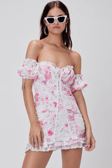 Floral Sweetheart Hook & Eye Ruched Bodycon Mini Dress - Pink